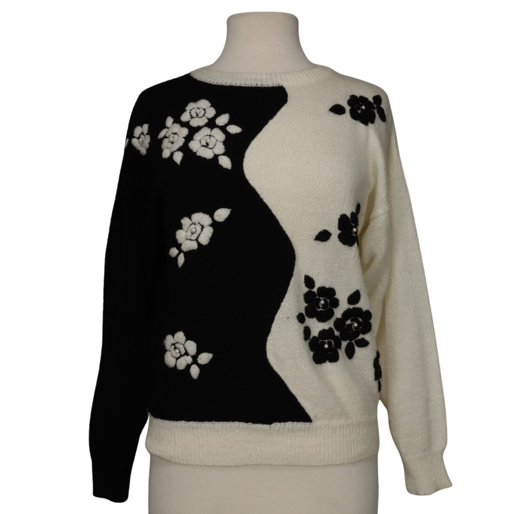 Knit Sweater Floral Embroidery Grandma‎ Cottage Core Black White Women’s Size S